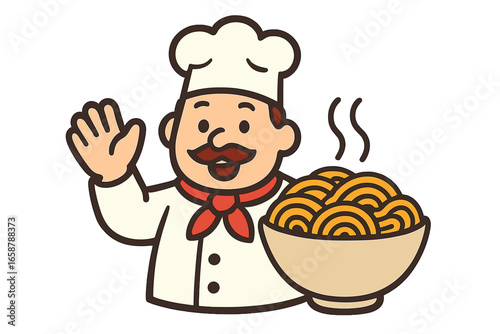 Kawaii cartoon vector of a chinese noodles box mascot holding chopsticks and displaying a closed sign, an isolated hand drawn illustration of asian cuisine design for ramen takeout