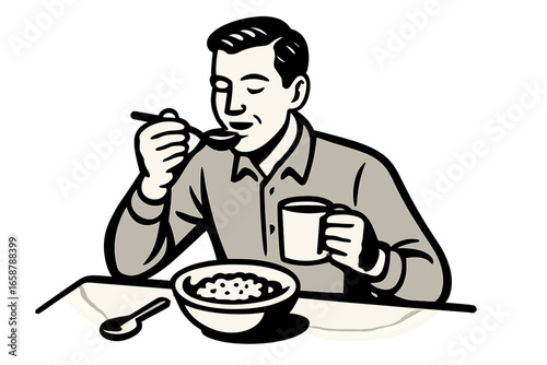 A minimalist food vlogger concept is depicted in a single line drawing where individuals overindulge in large amounts of food during mukbang streams, symbolizing a food reviewer