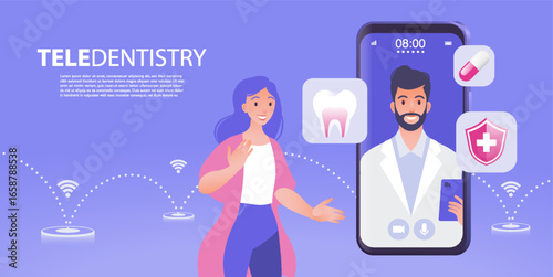 Teledentistry visual concept vector banner. Female patient consulting dentist using online technology video call app via smartphone
