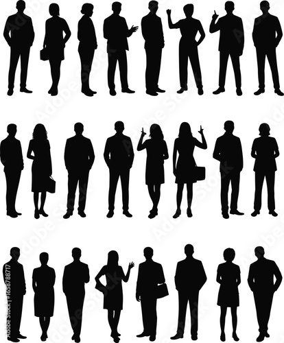Business people silhouettes, office workers illustration, corporate staff vector, professional team standing poses, business group concept, teamwork design, modern communication figures
