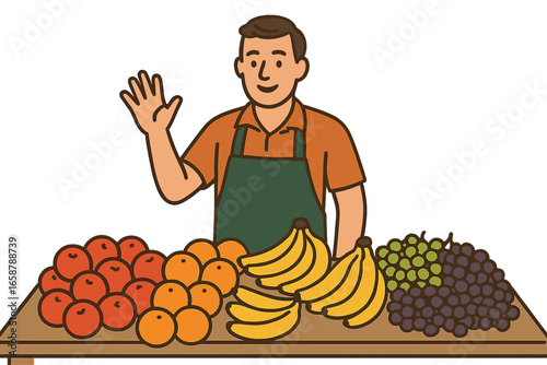 Cartoon illustration of an Indian street food vendor selling the traditional Indian dish Bhel Puri