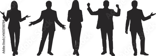 Business people silhouettes, professional poses, corporate team illustration, standing executives, office workers design, presentation gestures, teamwork concept, modern business vector art