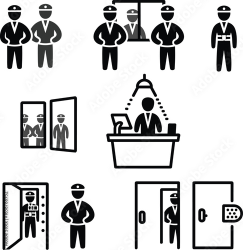 Security guard icons, protection symbols, safety officer illustration, surveillance monitoring, access control vector, police guard, checkpoint security, inspection symbol, law enforcement design