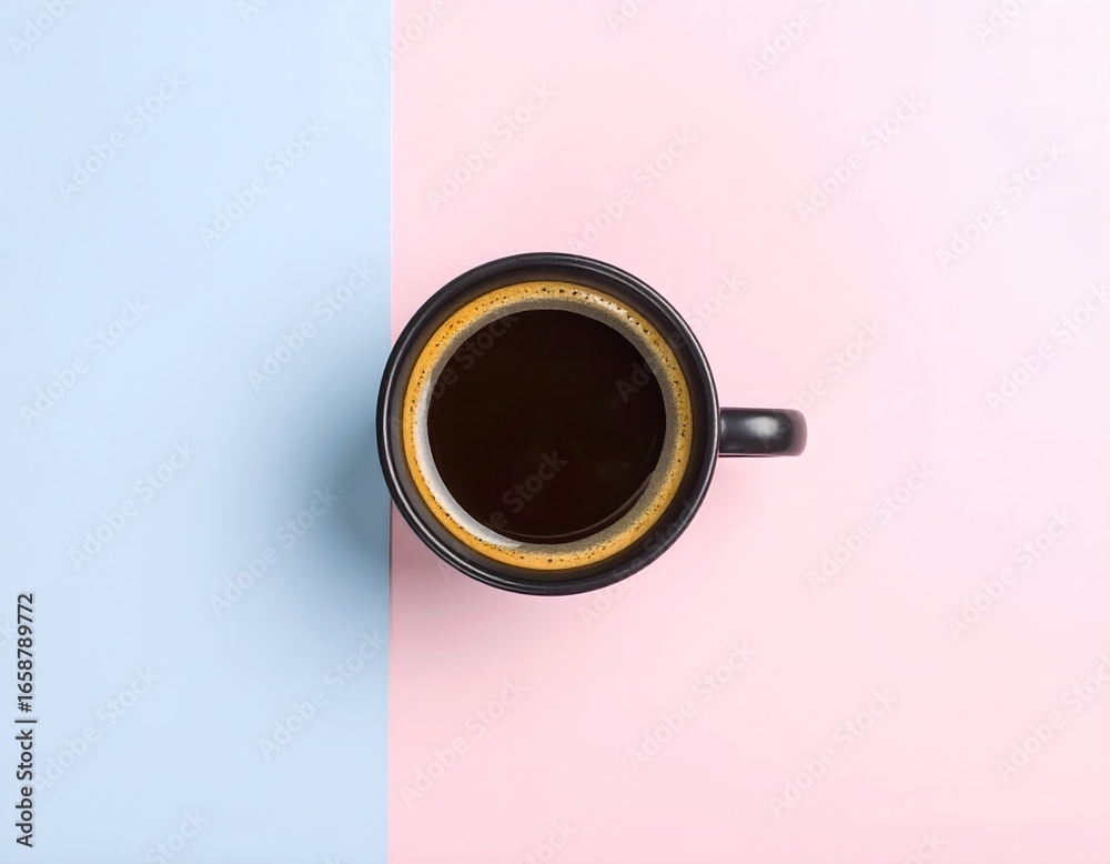Minimalist top-down view of a single black coffee mug on a stylish split pastel pink and blue background. A modern concept for a morning routine or creative coffee break. Minimalist top-down view of a single black coffee mug on a stylish split pastel pink and blue background. A modern concept for a morning routine or creative coffee break.