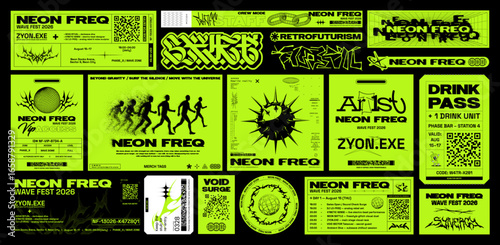 Y2K-style retrofuturistic event tickets and labels. Branding for events - passes, badges, stickers, coupons, posters, tickets. Acid rave, techno festival branding featuring 3D tribal. Vector y2k set