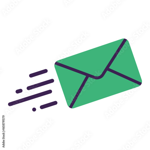 Illustration of a green envelope with motion lines, , representing email communication, message delivery, and digital correspondence