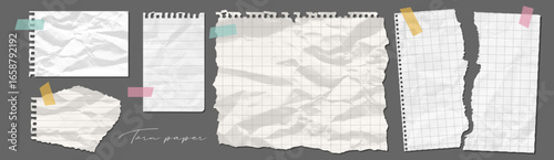 Set Realistic torn pieces of paper with wrinkles and folds, white ripped notebook pages. Blank crumpled memo sheets collection with damaged edges, torn letter, wrinkled strips and ragged note scraps.