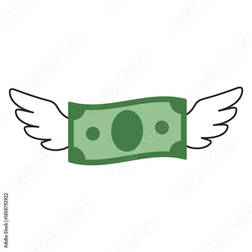 A flying dollar bill with wings, symbolizing financial freedom, investment, and economic growth in a creative way