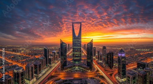 Stunning Riyadh skyline at sunset with iconic Kingdom Centre tower