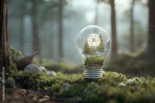 Light bulb in forest with carbon reduction icon Promoting ESG and ecology Nature meets technology for a greener world.
