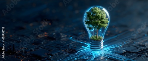Abstract futuristic light bulb with a tree inside on a blue digital technology background a concept of energy and environmental protection Abstract futuristic.