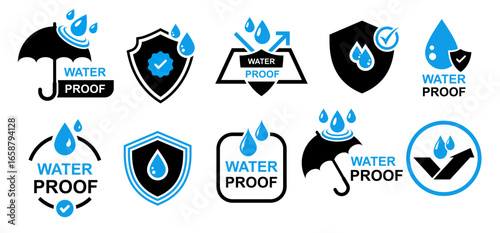 waterproof or water resistant icons for mockup, product, packaging etc. icons for waterproof paint, cloth, chemical, material etc. protection from wet weather, liquid, rain, water droplet, storm etc