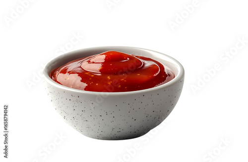 Ketchup in a white bowl, isolated on a transparent background in PNG format.