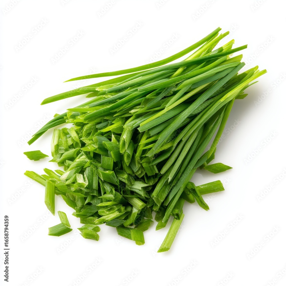 Fototapeta premium Freshly chopped chives, a vibrant green herb, ready for culinary use. These aromatic chives are a culinary delight and versatile ingredient