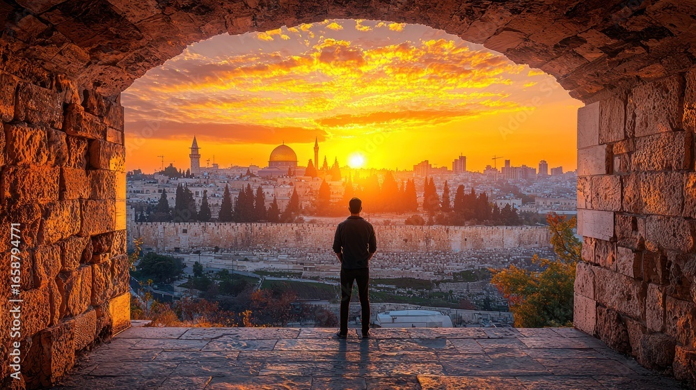 Fototapeta premium Golden Hour in Jerusalem: A Man's Silhouette Witnessing a Breathtaking Sunset