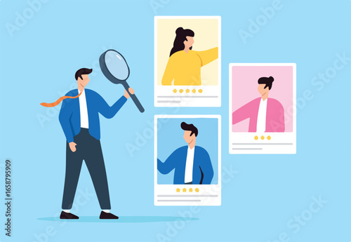HR recruiter analyzing candidate with magnifying glass in flat design
