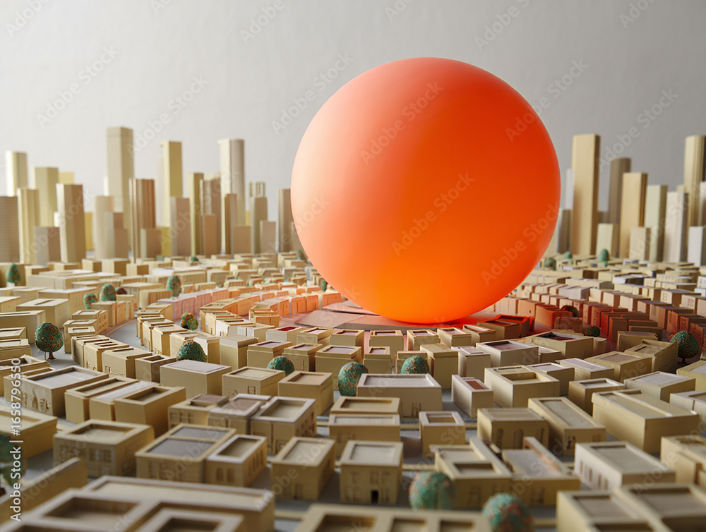 Obraz premium Orange Sphere Over Miniature Cityscape Model urban planning