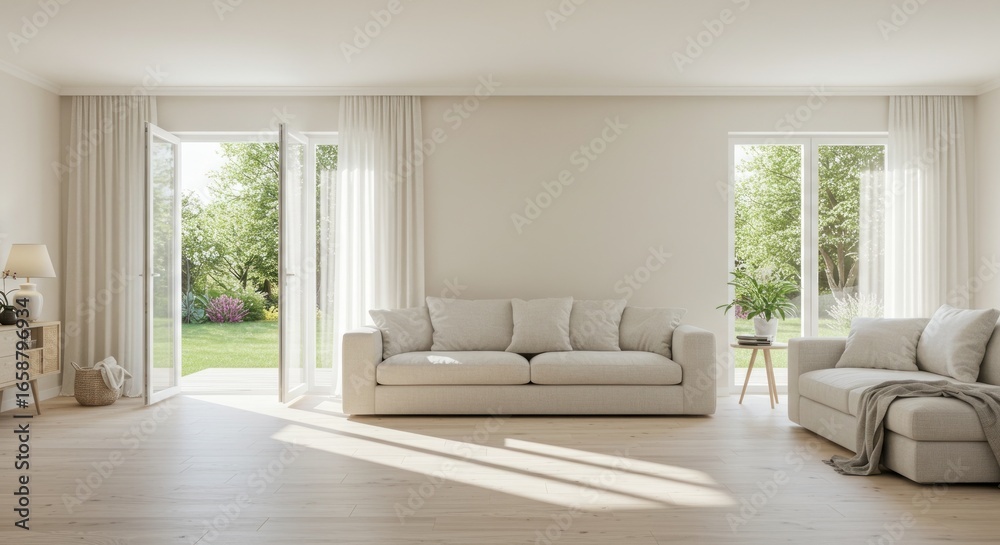 Fototapeta premium Modern living room with large windows overlooking a garden