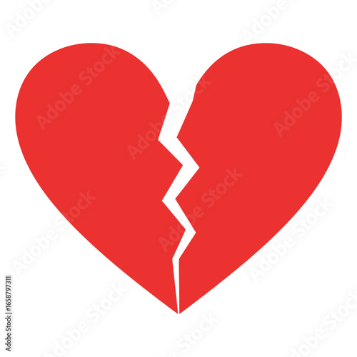 A red heart cracked in the middle, representing heartbreak, sadness, and emotional pain, isolated on a