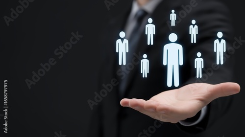 A businessman holds a human icon in his hand with a group of people icons on a black background, symbolizing employee selection and the leadership concept of choosing the right candidate.