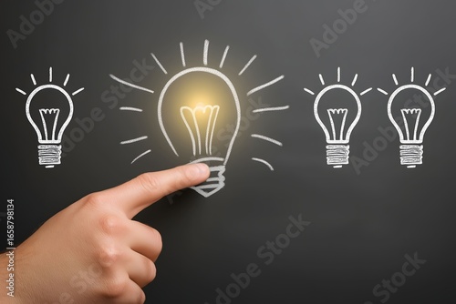hand pointing at glowing cartoonstyle lightbulb icons floating in air concept of multiple ideas and creativity stock photo style.