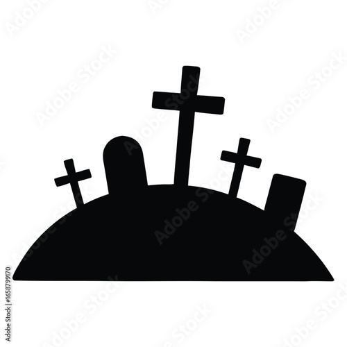 Black silhouette of a cemetery with gravestones and crosses on a white background