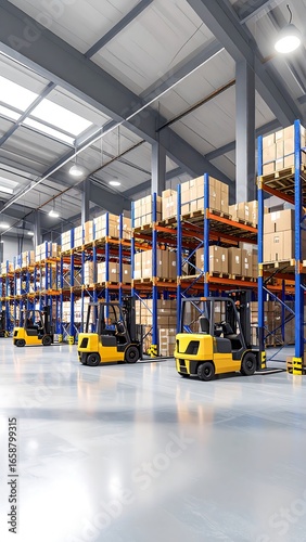 Warehouse interior with forklifts and storage racks