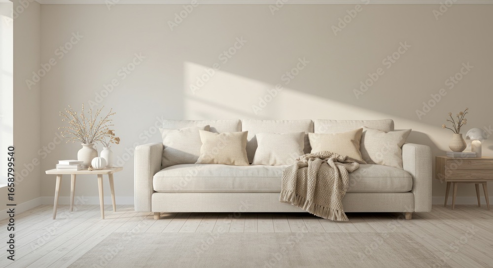 Obraz premium Neutral living room with a sofa and side table