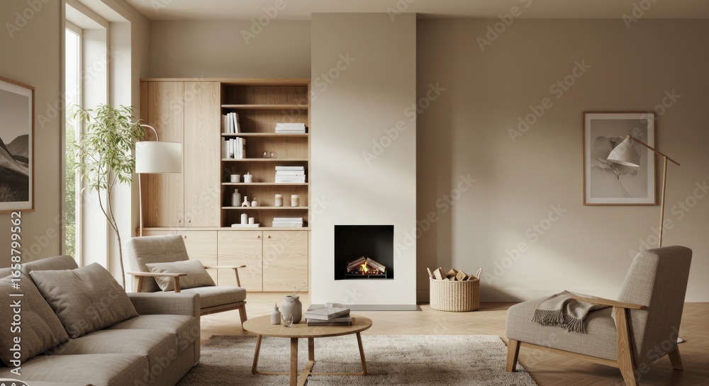 Fototapeta premium Neutral living room with fireplace and modern furniture