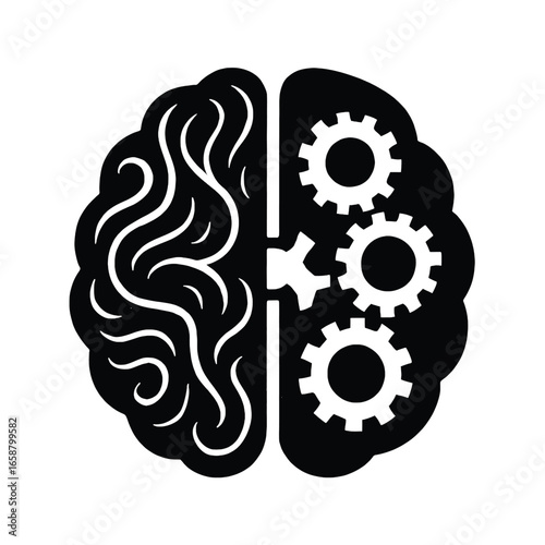 Creative and logical brain concept vector silhouette Left and right brain hemispheres with organic side and mechanical gears for thinking and problem solving