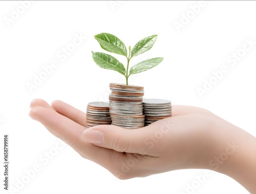 A hand holding coins with a growing plant isolated on a white background Closeup view of a womans hand palm with a stack of casual currency and a green sprout.
