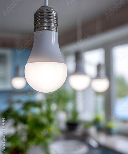 Macro focus on led light bulbs in a kitchen in a modern city house Daylight realistic photo.