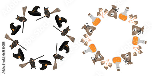 Halloween frames set of owl, broom, witch hat, potion, toadstool mushrooms, bag with skull. Cartoon objects isolated on white background. Brown, orange, grey colors. Vector flat illustration.