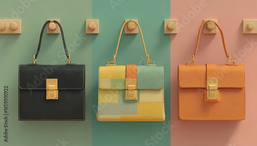 3 black hanging shopping bag mockups on a pastel background, vector presentation design in a simple, minimalistic style.