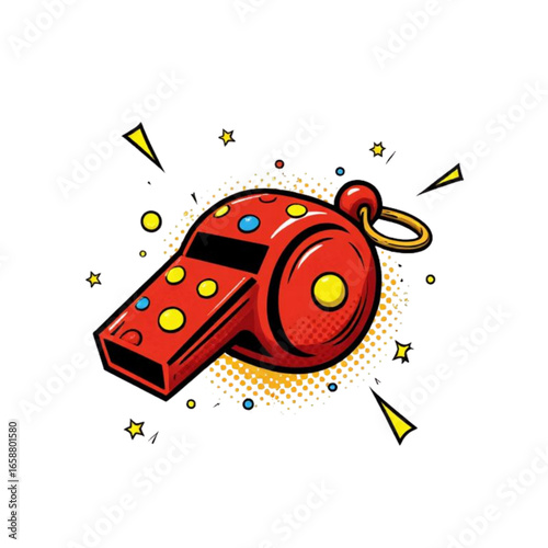 Colorful red whistle with polka dots on white background  