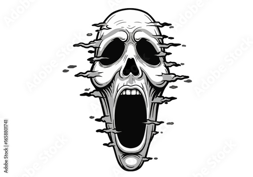 Stylized skull with open mouth and cloud like features emanating from the sides of the head on transparent background