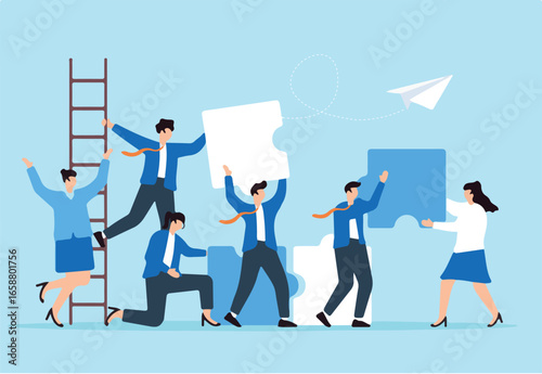 Group of business people assembling jigsaw puzzle and represent team support and help