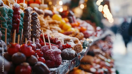 Colorful assortment of chocolates and candies, festively arranged for holiday season. Background fuzziness suggests focus on the products.