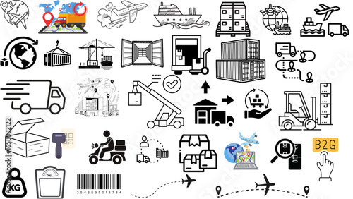 Global Logistics: Black and White Icon Set Illustrating Worldwide Shipping, Transportation, and Delivery Processes.
