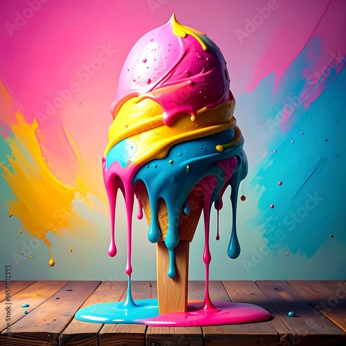 Vibrant melting ice cream cone