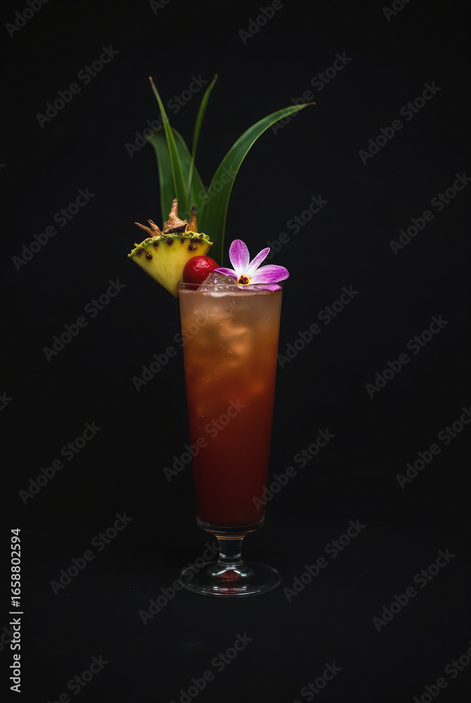 Exotic Tropical Noir Cocktail in Dark Coconut or Black Ceramic Exotic Tropical Noir Cocktail in Dark Coconut or Black Ceramic
