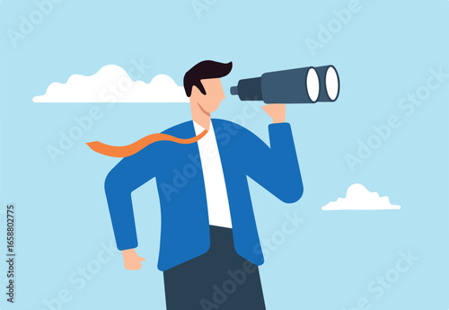 Flat illustration of curious businessman looks through binoculars searching for new job opportunities and candidates