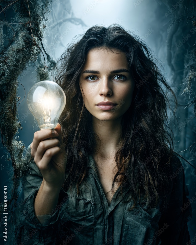 Naklejka premium Portrait of a young woman with long hair holding a glowing light bulb in a dark mystical forest, symbolizing creativity, energy, and inspiration.