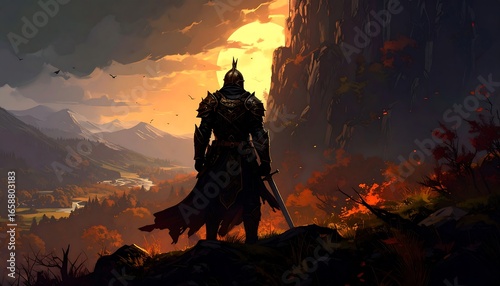 Warrior gazes at autumn landscape