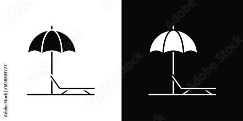 Beach Chair and Umbrella Icon, Isolated on White and Black Background