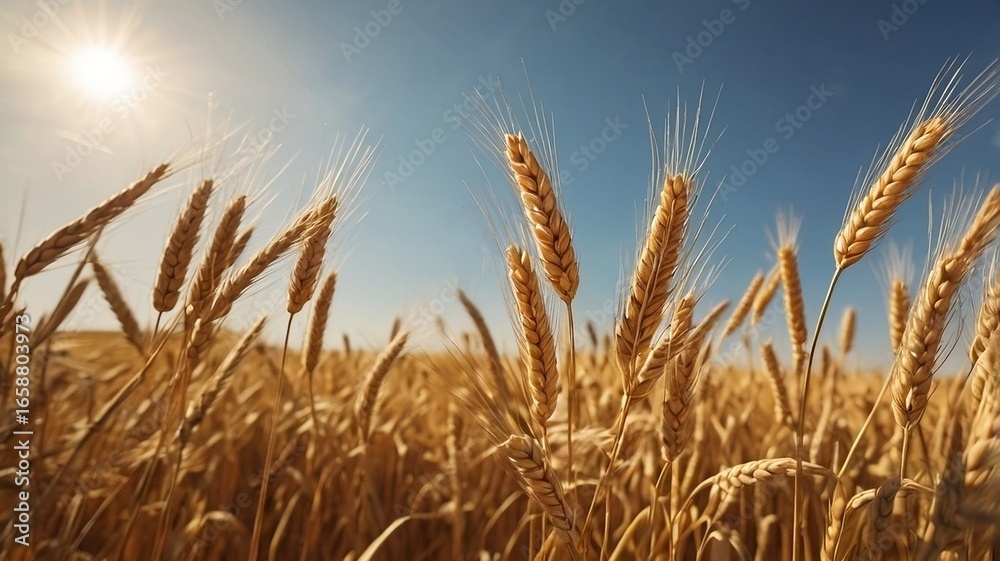 Fototapeta premium Ripe Wheat Ears Bathed in Sunlight: Concept Image for Harvest, Food Security, Organic Farming, editorial articles, blog posts, or educational materials discussing harvest seasons, or grain markets