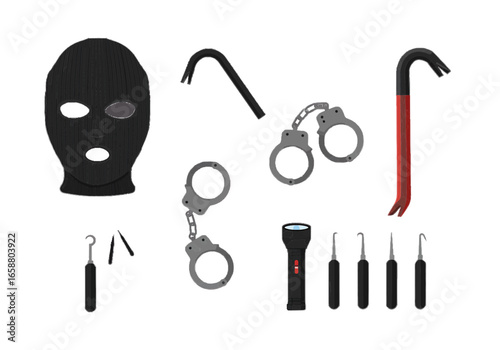 Collection of burglary tools including a balaclava, crowbars, handcuffs, and lock picks displayed flat on transparent background