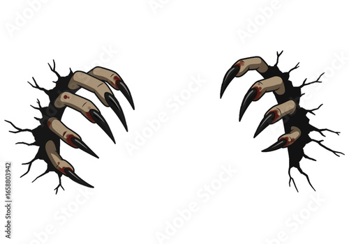 Illustration of two sets of monster claws tearing through a surface with blood on them on transparent background
