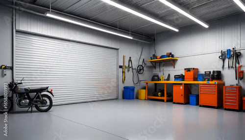 Classic motorcycle parked inside a bright, modern garage workshop filled with tools, ready for repairs and projects, offering a space for hobbies and mechanical work