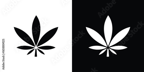 Cannabis Leaf Icon in Black and White, Isolated on White and Black Background